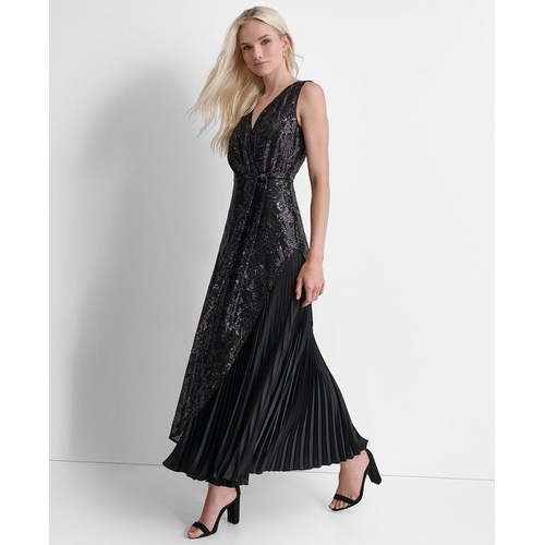 DKNY Womens Sequinned Pleated Tie-Waist Evening Gown