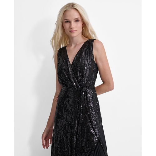 DKNY Womens Sequinned Pleated Tie-Waist Evening Gown