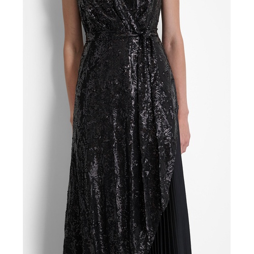 DKNY Womens Sequinned Pleated Tie-Waist Evening Gown