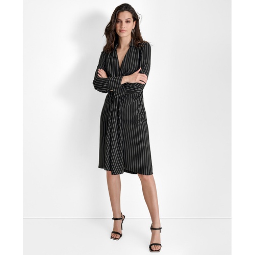 DKNY Womens Striped Twist-Front Collared Dress