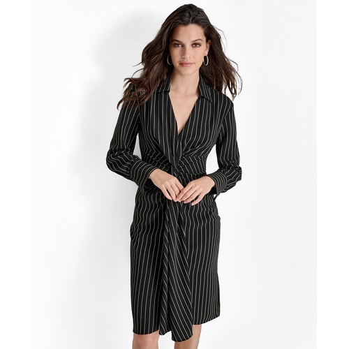 DKNY Womens Striped Twist-Front Collared Dress