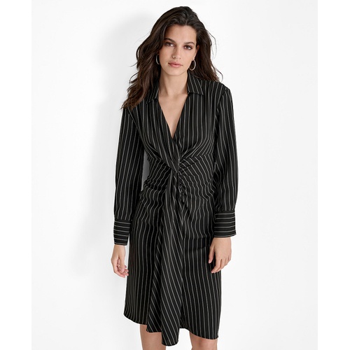 DKNY Womens Striped Twist-Front Collared Dress