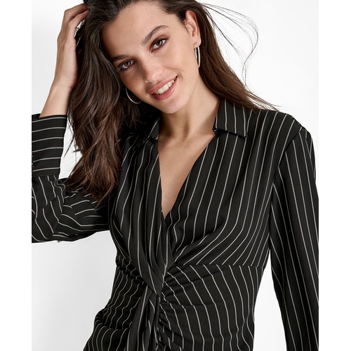 DKNY Womens Striped Twist-Front Collared Dress