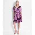 Womens Printed Ruched-Waist Blouson-Sleeve Dress