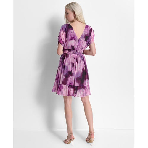 DKNY Womens Printed Ruched-Waist Blouson-Sleeve Dress