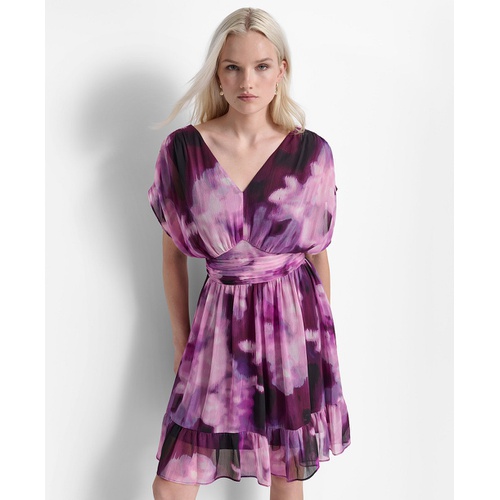 DKNY Womens Printed Ruched-Waist Blouson-Sleeve Dress