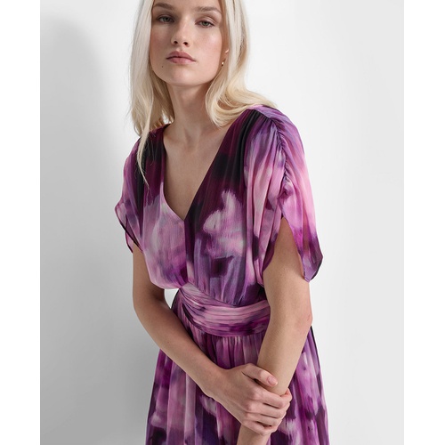 DKNY Womens Printed Ruched-Waist Blouson-Sleeve Dress