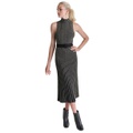 Womens Mock-Neck Belted Sleeveless Metallic Dress