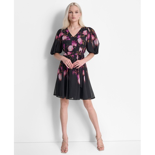 DKNY Womens Floral Tie-Waist Balloon-Sleeve Dress