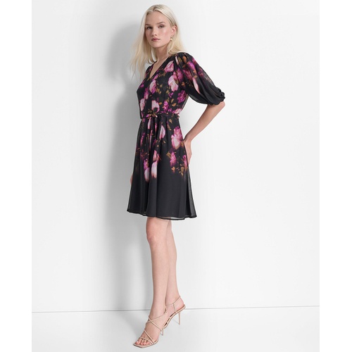 DKNY Womens Floral Tie-Waist Balloon-Sleeve Dress