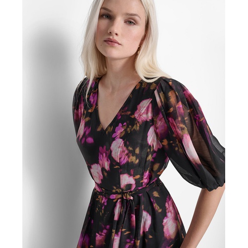 DKNY Womens Floral Tie-Waist Balloon-Sleeve Dress