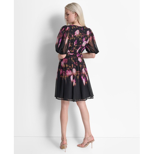 DKNY Womens Floral Tie-Waist Balloon-Sleeve Dress