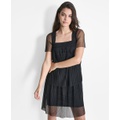 Womens Square-Neck Sheer-Sleeve Tiered Dress