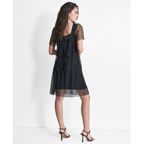 DKNY Womens Square-Neck Sheer-Sleeve Tiered Dress