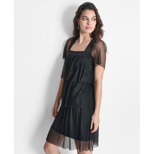 DKNY Womens Square-Neck Sheer-Sleeve Tiered Dress