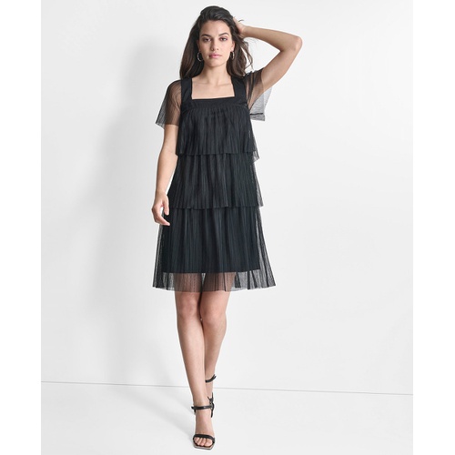 DKNY Womens Square-Neck Sheer-Sleeve Tiered Dress