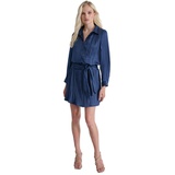 Womens Pleated Tie-Front Long-Sleeve Shirtdress