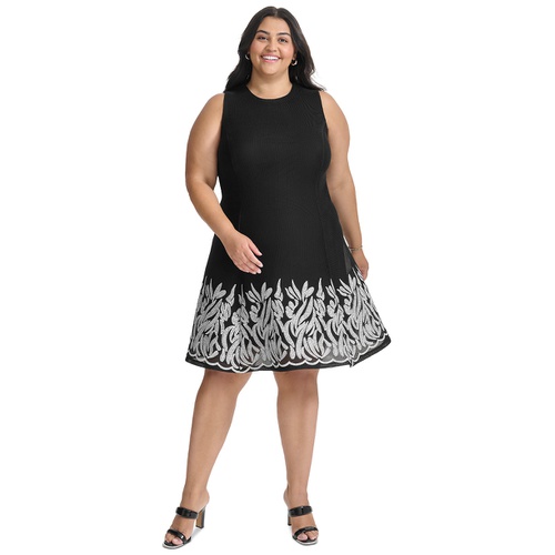 DKNY Plus Size Round-Neck Embroidered-Hem Fit & Flare Dress