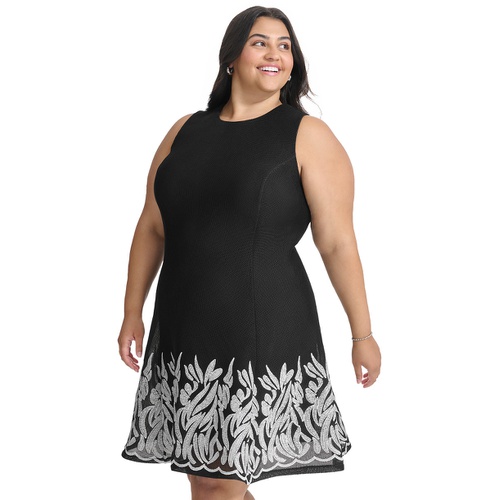 DKNY Plus Size Round-Neck Embroidered-Hem Fit & Flare Dress