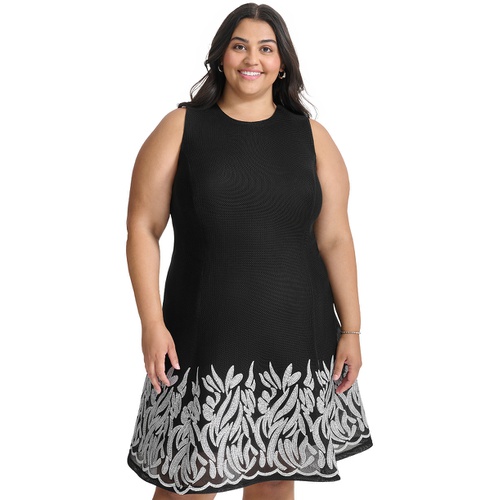 DKNY Plus Size Round-Neck Embroidered-Hem Fit & Flare Dress