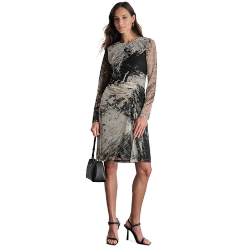 DKNY Womens Printed Long-Sleeve Side-Ruched Dress