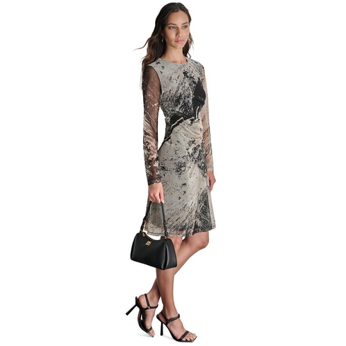 DKNY Womens Printed Long-Sleeve Side-Ruched Dress