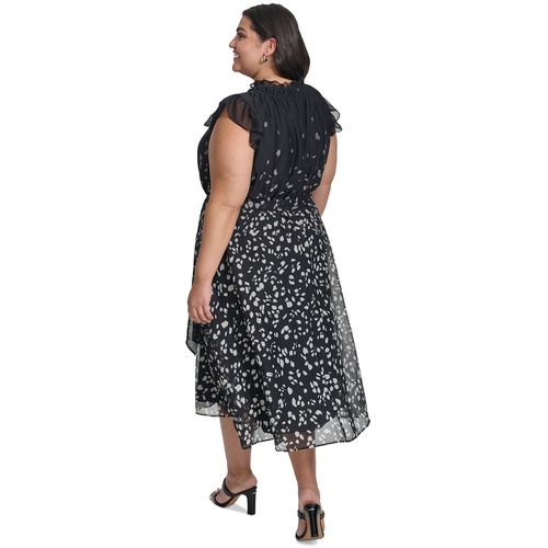 DKNY Plus Size Printed Ruffled Belted Midi Dress