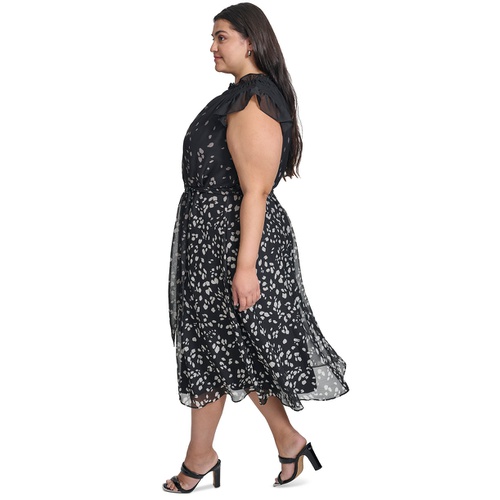 DKNY Plus Size Printed Ruffled Belted Midi Dress