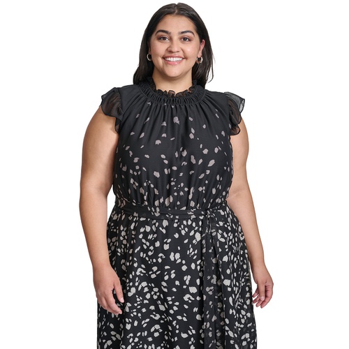 DKNY Plus Size Printed Ruffled Belted Midi Dress