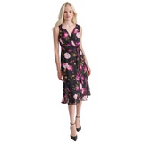 Womens Floral V-Neck Belted Sleeveless Dress