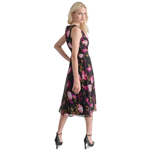 DKNY Womens Floral V-Neck Belted Sleeveless Dress