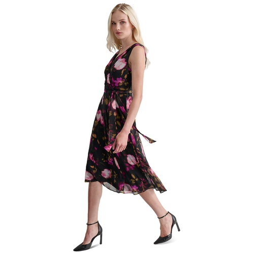 DKNY Womens Floral V-Neck Belted Sleeveless Dress