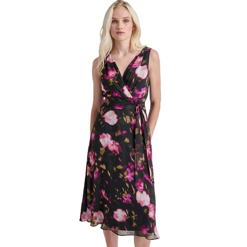 DKNY Womens Floral V-Neck Belted Sleeveless Dress