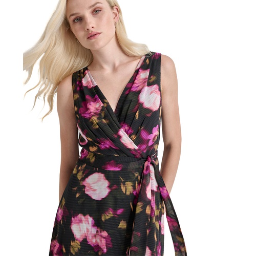 DKNY Womens Floral V-Neck Belted Sleeveless Dress