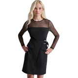 Womens Mesh Yoke Long-Sleeve Scuba Crepe Dress