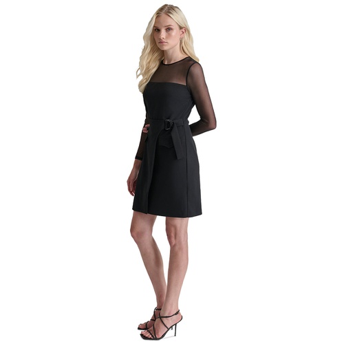 DKNY Womens Mesh Yoke Long-Sleeve Scuba Crepe Dress