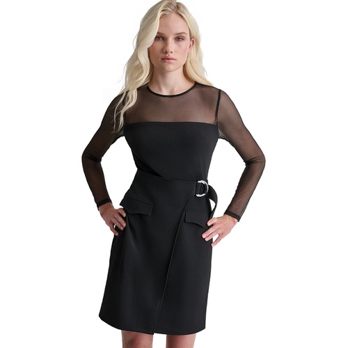 DKNY Womens Mesh Yoke Long-Sleeve Scuba Crepe Dress