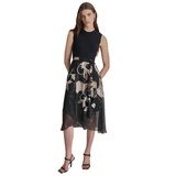 Womens Mixed-Media Sleeveless Belted Dress