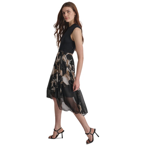 DKNY Womens Mixed-Media Sleeveless Belted Dress