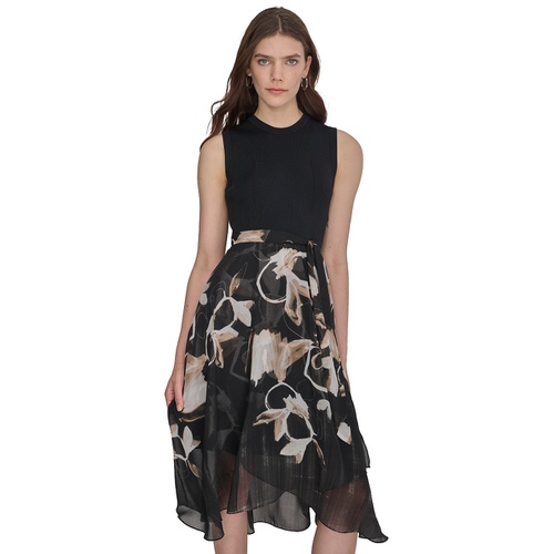 DKNY Womens Mixed-Media Sleeveless Belted Dress