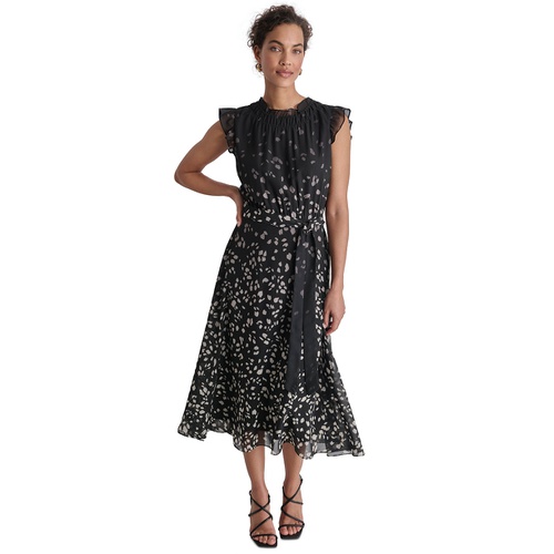 DKNY Womens Printed Ruffled Belted Midi Dress