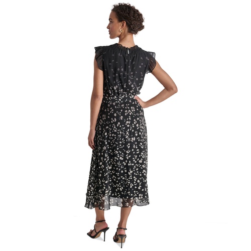 DKNY Womens Printed Ruffled Belted Midi Dress