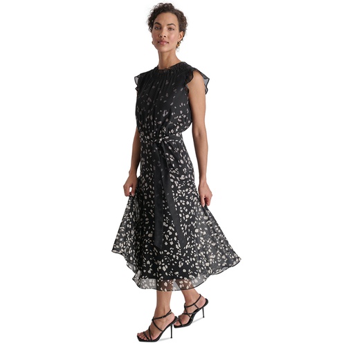 DKNY Womens Printed Ruffled Belted Midi Dress