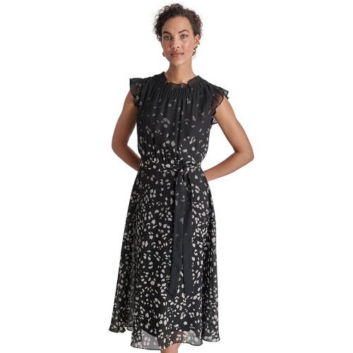 DKNY Womens Printed Ruffled Belted Midi Dress