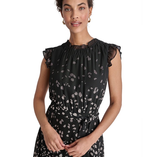 DKNY Womens Printed Ruffled Belted Midi Dress