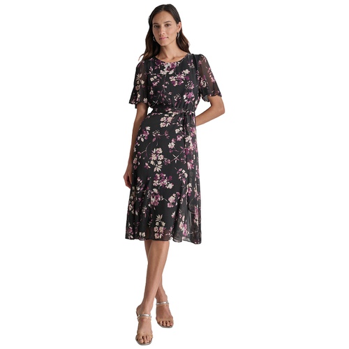 DKNY Womens Floral Flutter-Sleeve Belted Dress