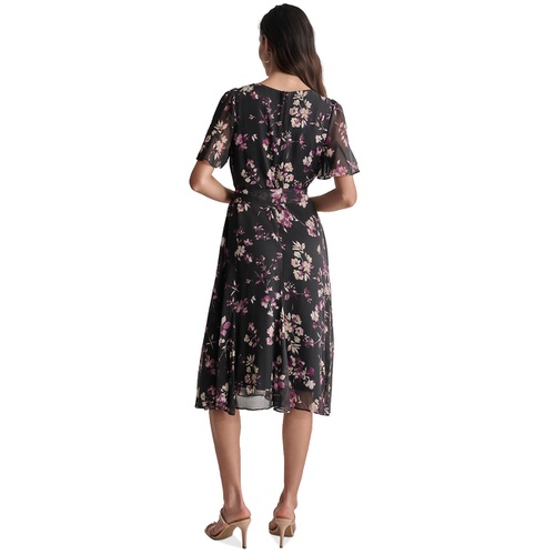 DKNY Womens Floral Flutter-Sleeve Belted Dress