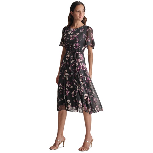 DKNY Womens Floral Flutter-Sleeve Belted Dress