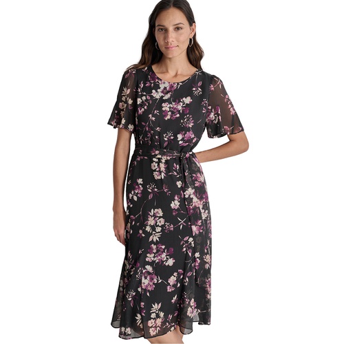 DKNY Womens Floral Flutter-Sleeve Belted Dress