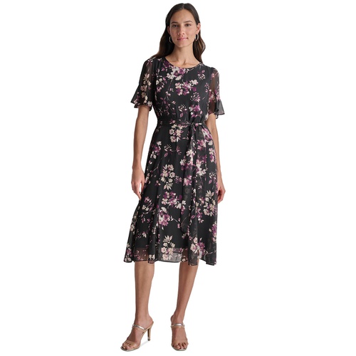 DKNY Womens Floral Flutter-Sleeve Belted Dress